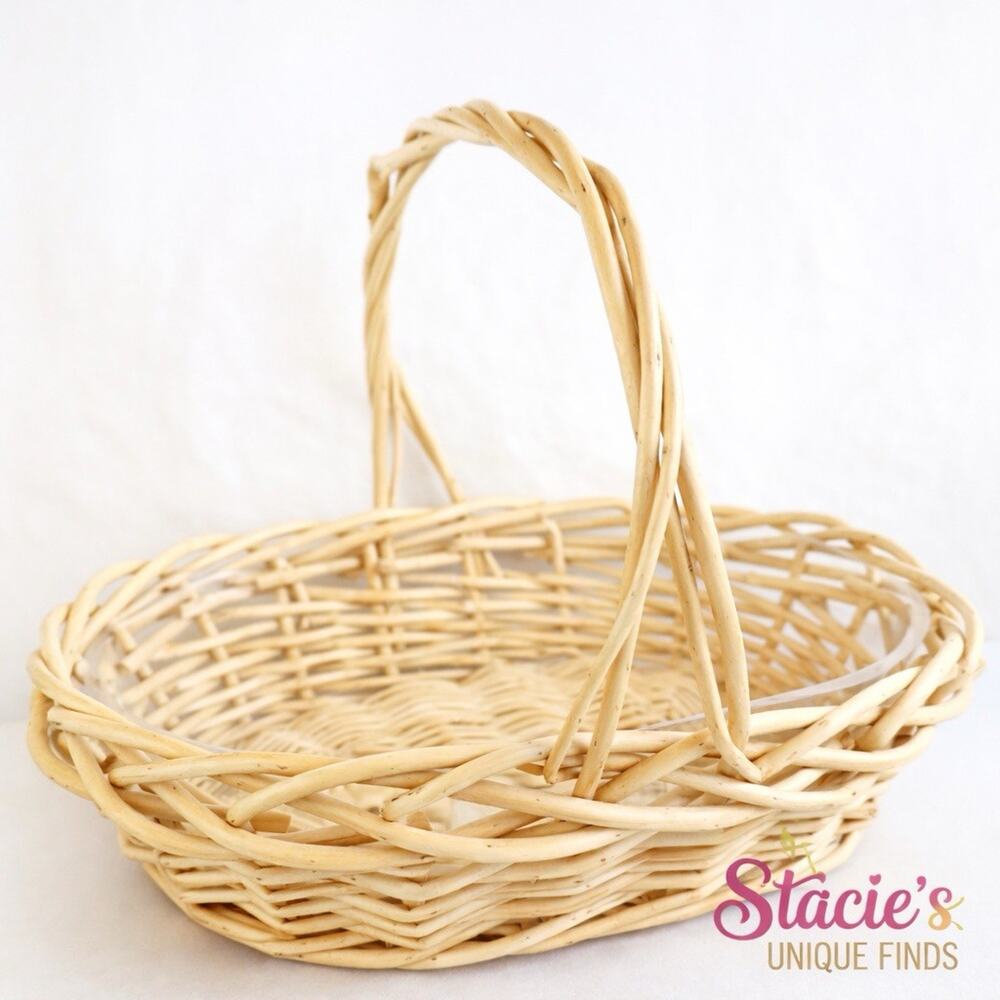 Oval Beige Tan Boho Wicker Basket with Handle Plastic Liner